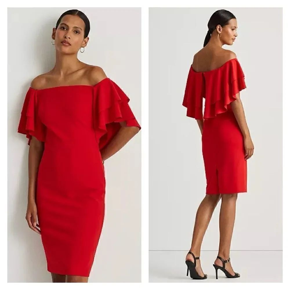 LAUREN RALPH LAUREN NWT RED Crepe Off-the-Shoulder Cocktail Dress 2